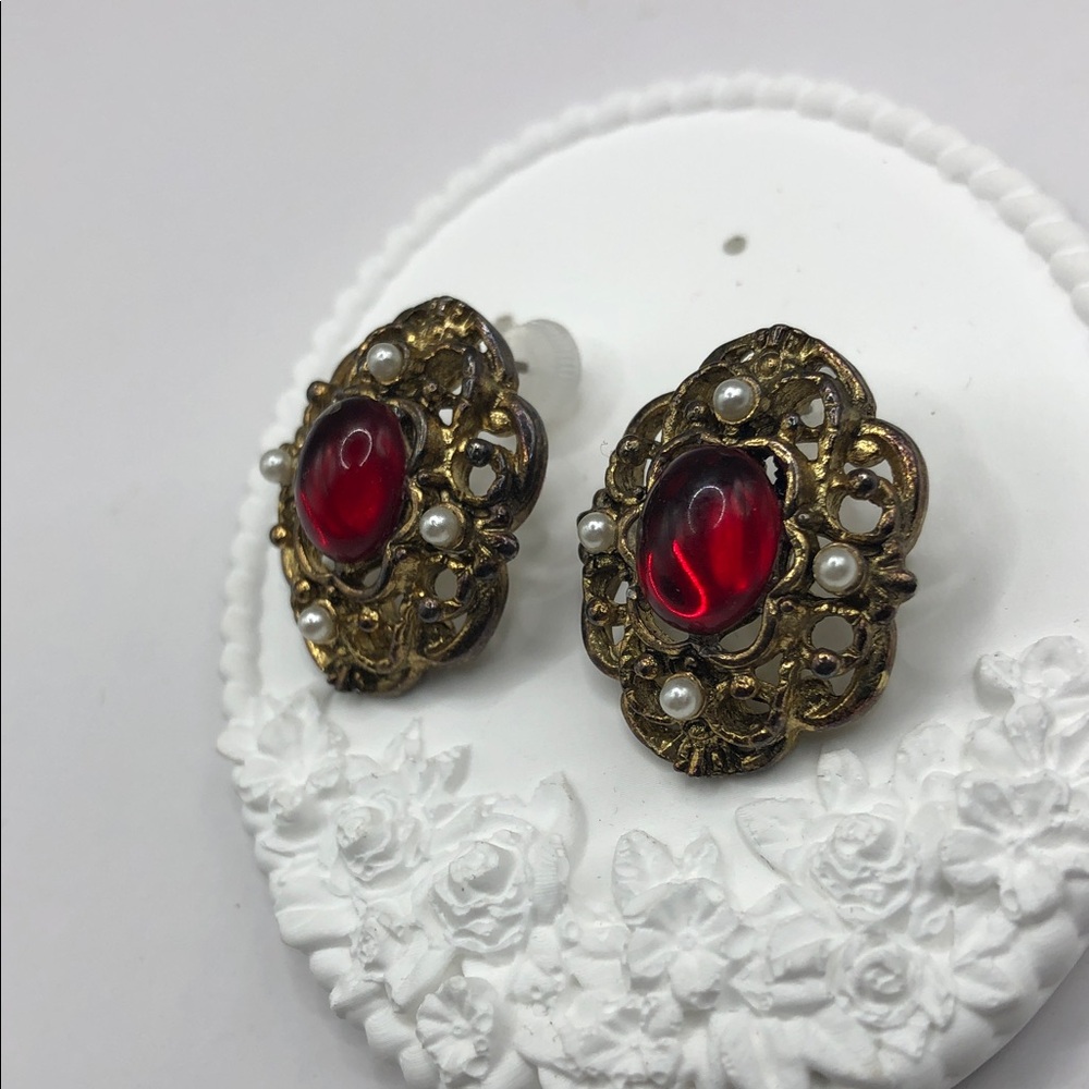 Vintage Baroque Victorian Revival Costume Statement Dressy Earrings Antique Look - Picture 7 of 10